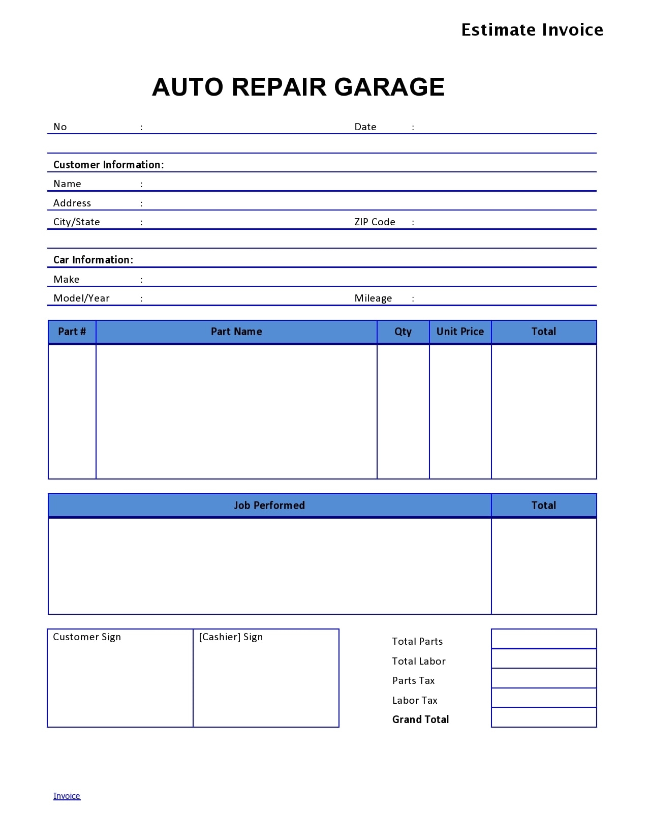 downloadable free printable auto repair invoice template