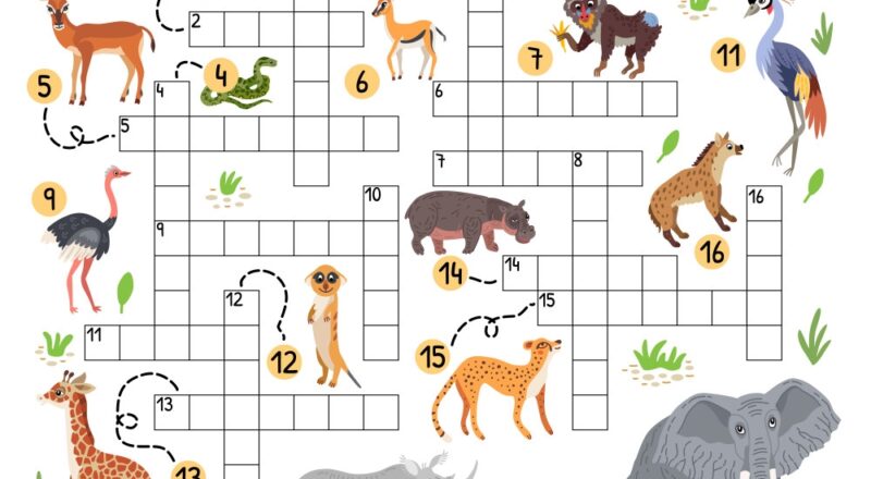 Africa Animals Crossword Puzzle Kids Activity Vector Image