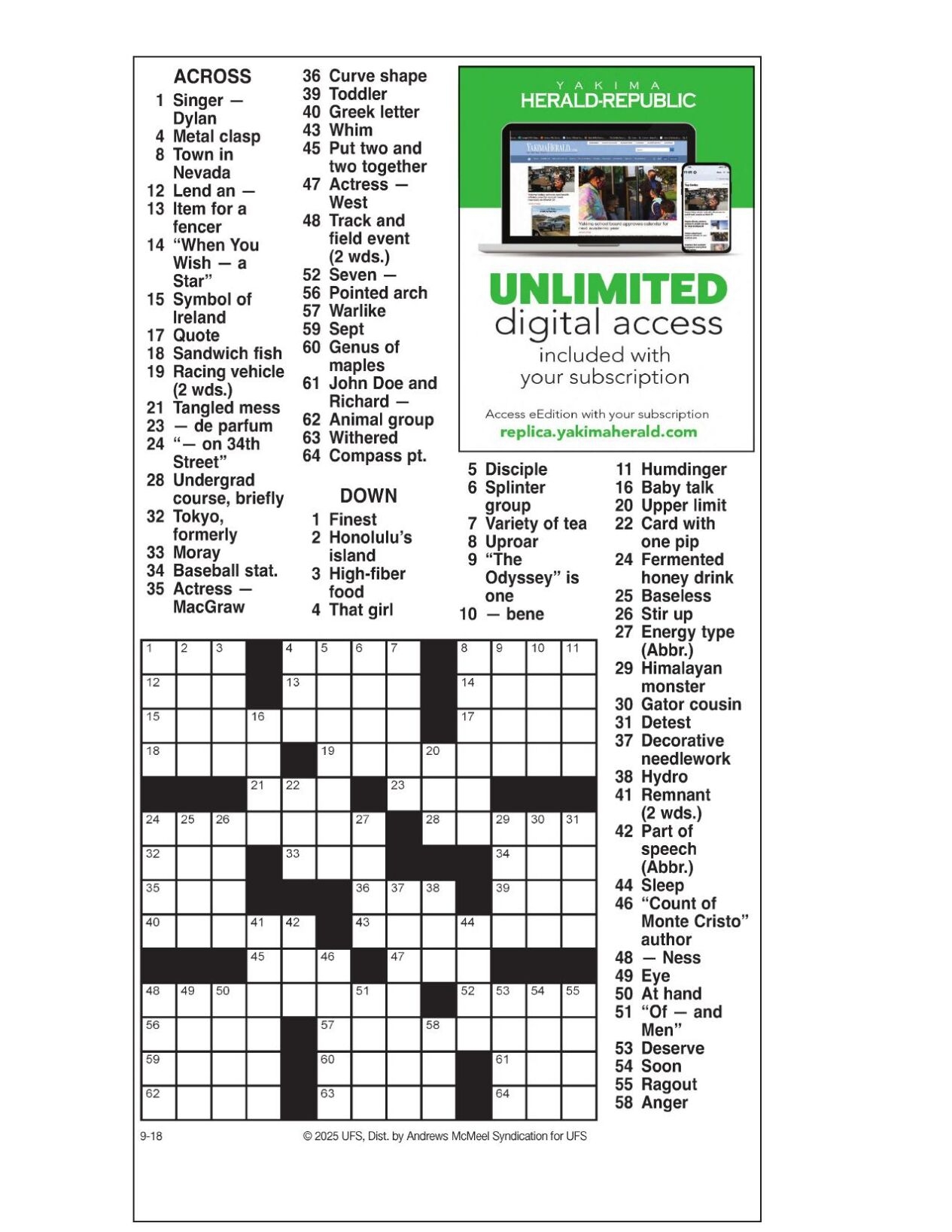 AM Crossword Sept 18 2025 Crosswords Yakimaherald
