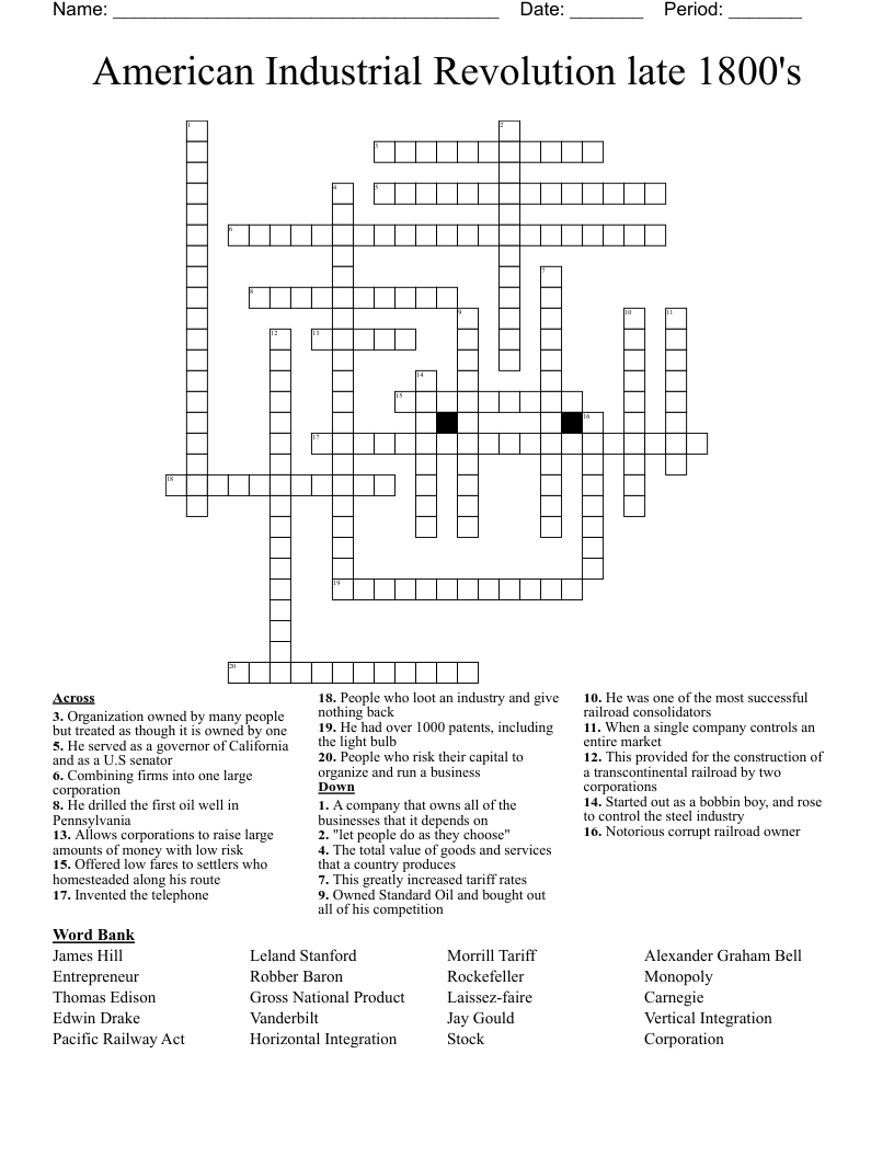 American Industrial Revolution Late 1800 s Crossword WordMint