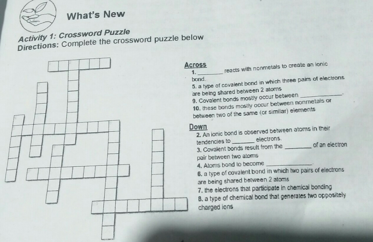 Answered Activity 1 Crossword Puzzle Directions Complete The Crossword Puzzle Below Across 1 Reacts With Nonmetals To Create An Ionic Bond 5 A Type Of Covalent Bond Bartleby