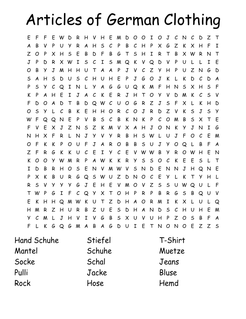 Articles Of German Clothing Word Search WordMint