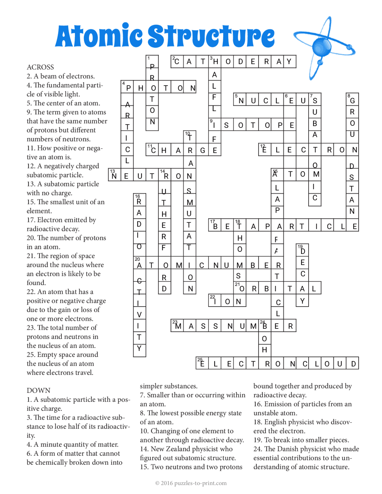 Atomic Structure Crossword Puzzle Exerc cios Qu mica Docsity