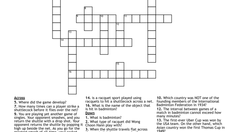 Badminton Crossword WordMint