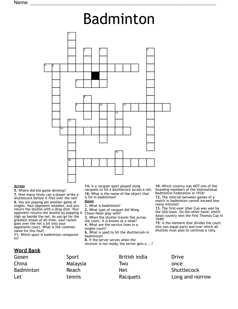 Badminton Crossword WordMint