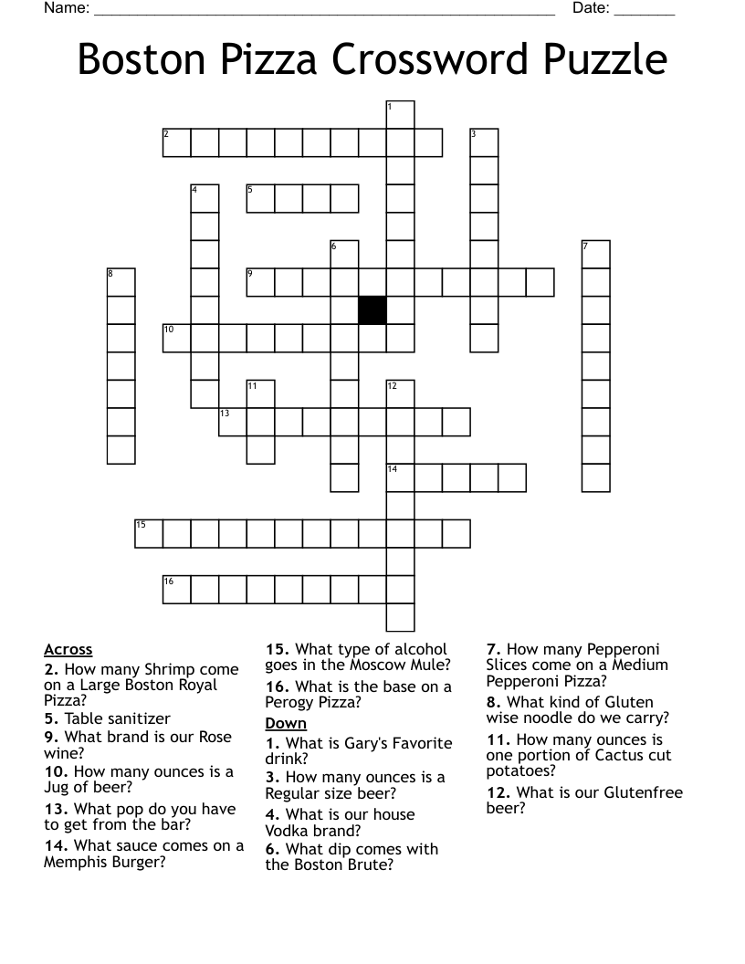Boston Pizza Crossword Puzzle WordMint