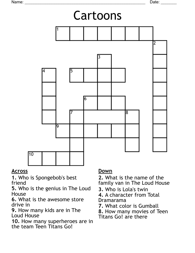 Cartoons Crossword WordMint Cartoons Crossword WordMint