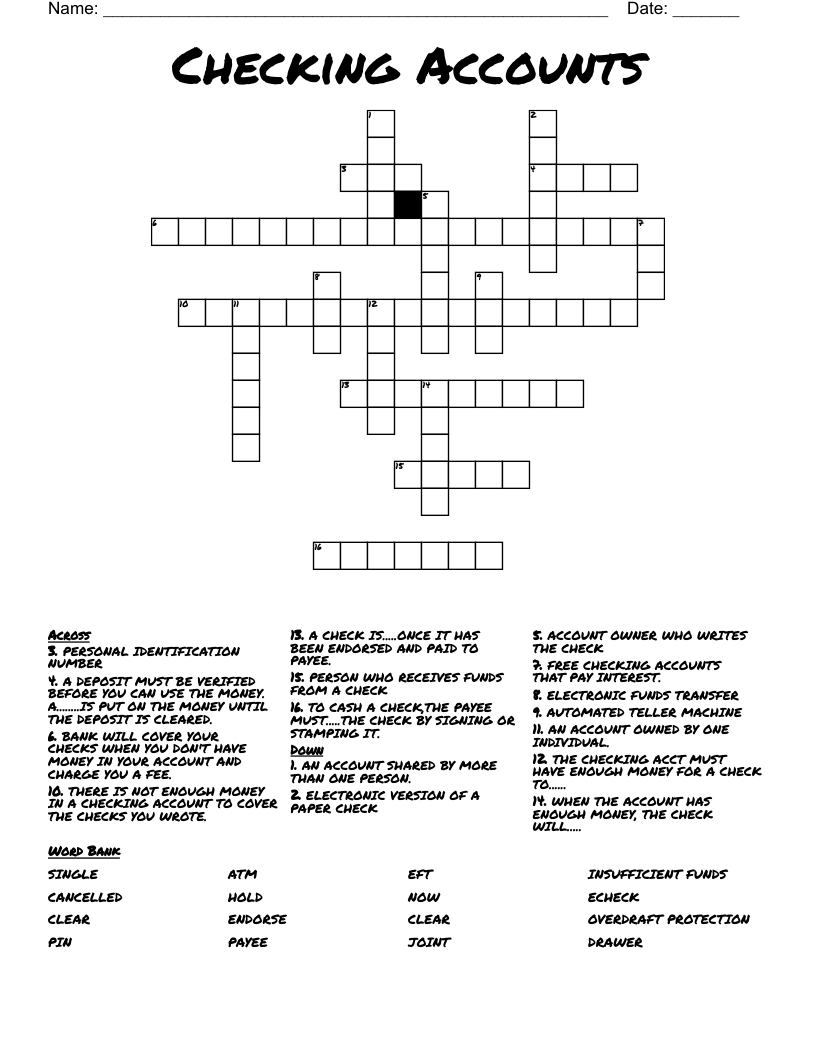 Checking Accounts Crossword WordMint