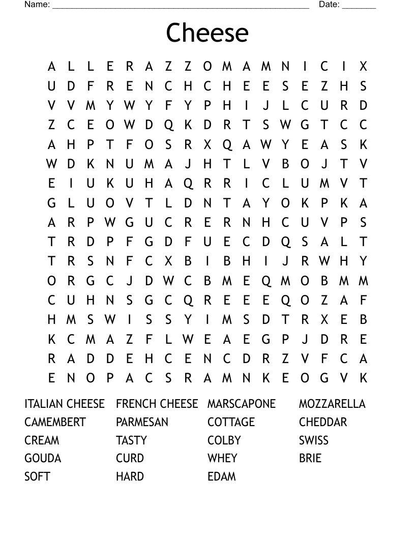 Cheese Word Search WordMint