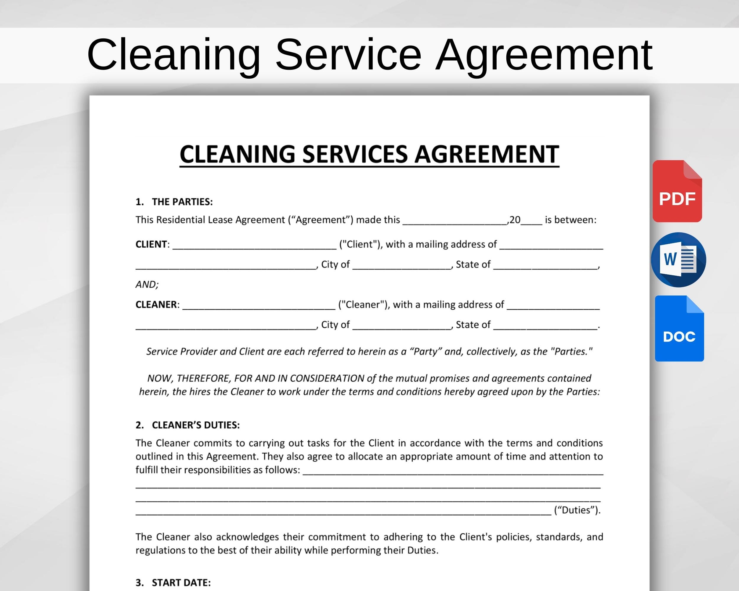 Cleaning Service Agreement Template Printable Cleaning Business Forms Editable Cleaning Service Contract Housekeeper Contract WORD PDF Etsy