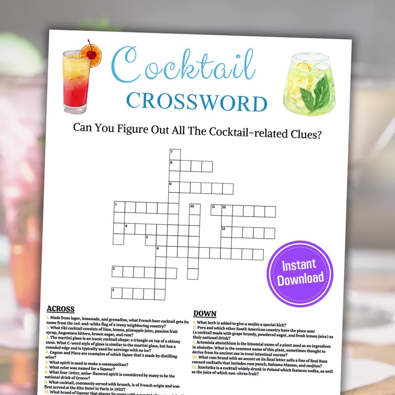 Cocktail Crossword Game Printable Cocktail Crossword Puzzle Game Cocktail Party Games Cocktail Trivia Game Instant Download PDF Etsy
