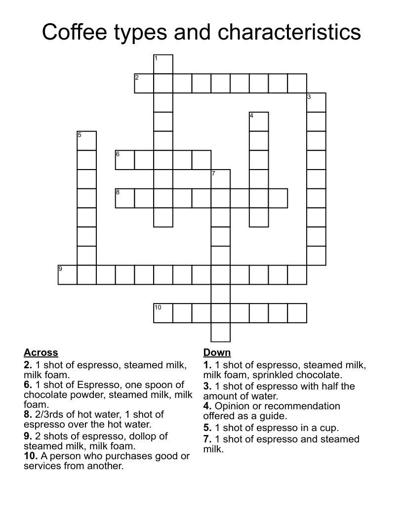 Coffee Types And Characteristics Crossword WordMint