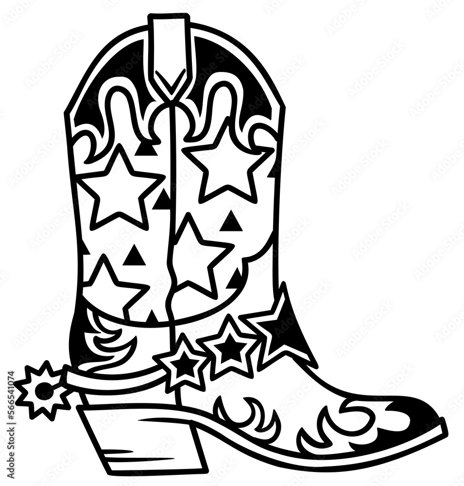 Cowboy Boot Western Stars Decoration Vector Hand Drawn Illustration Of Cowboy Boot With Stars Decor Printable Outline Style Design Cowgirl Boots Stock Vector Adobe Stock