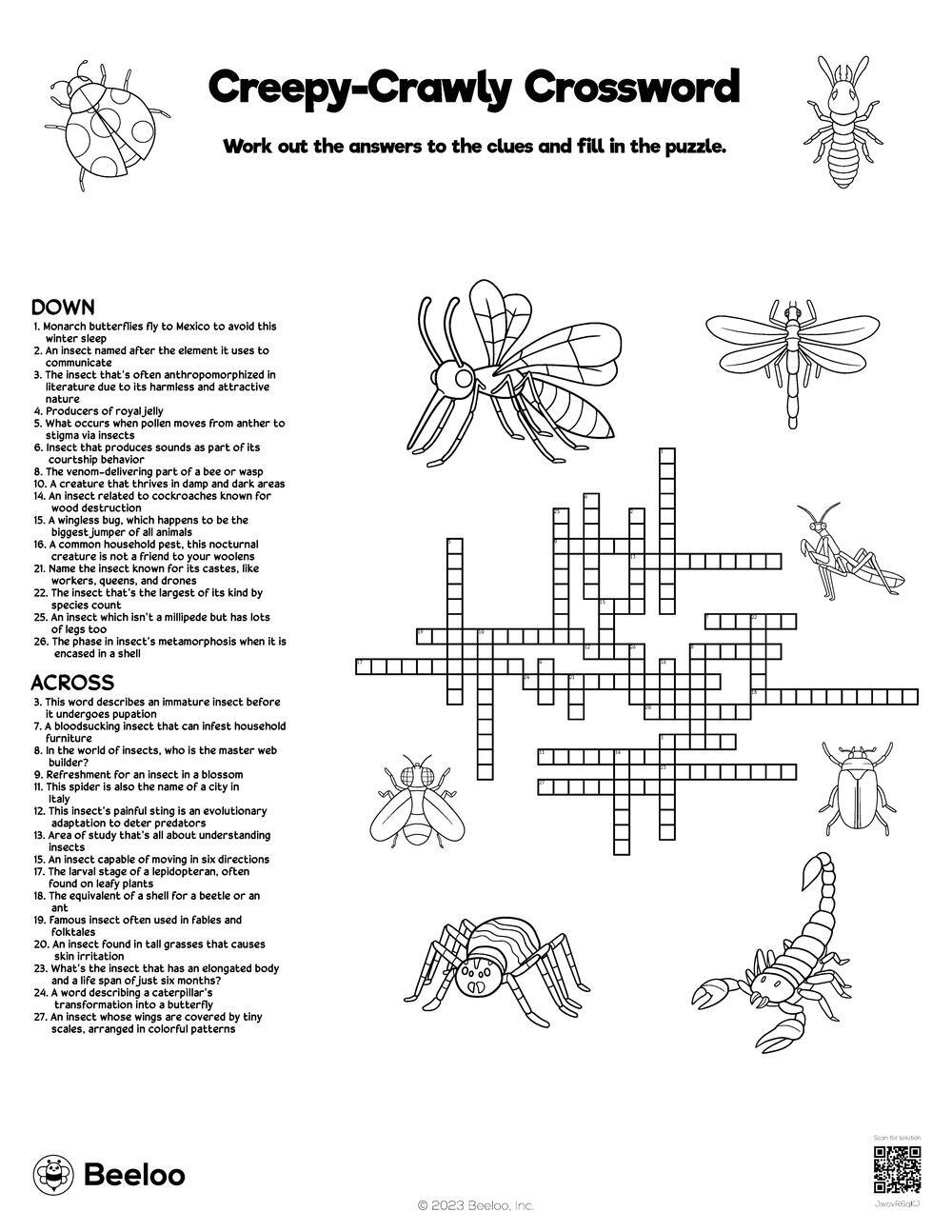 Creepy Crawly Crossword Beeloo Printable Crafts And Activities For Kids