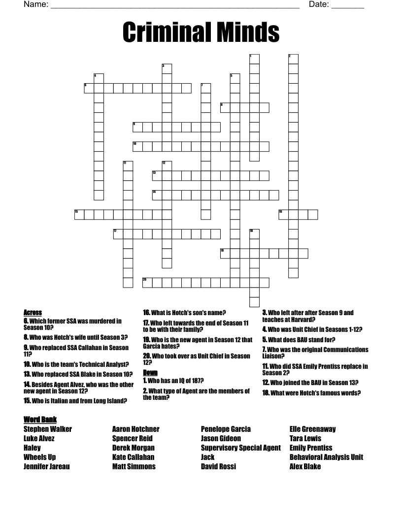 Criminal Minds Crossword WordMint
