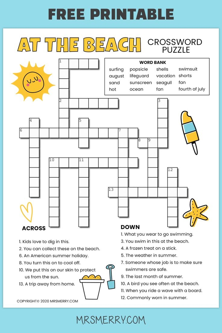 Crossword Puzzles For Kids Summer Activity Mrs Merry