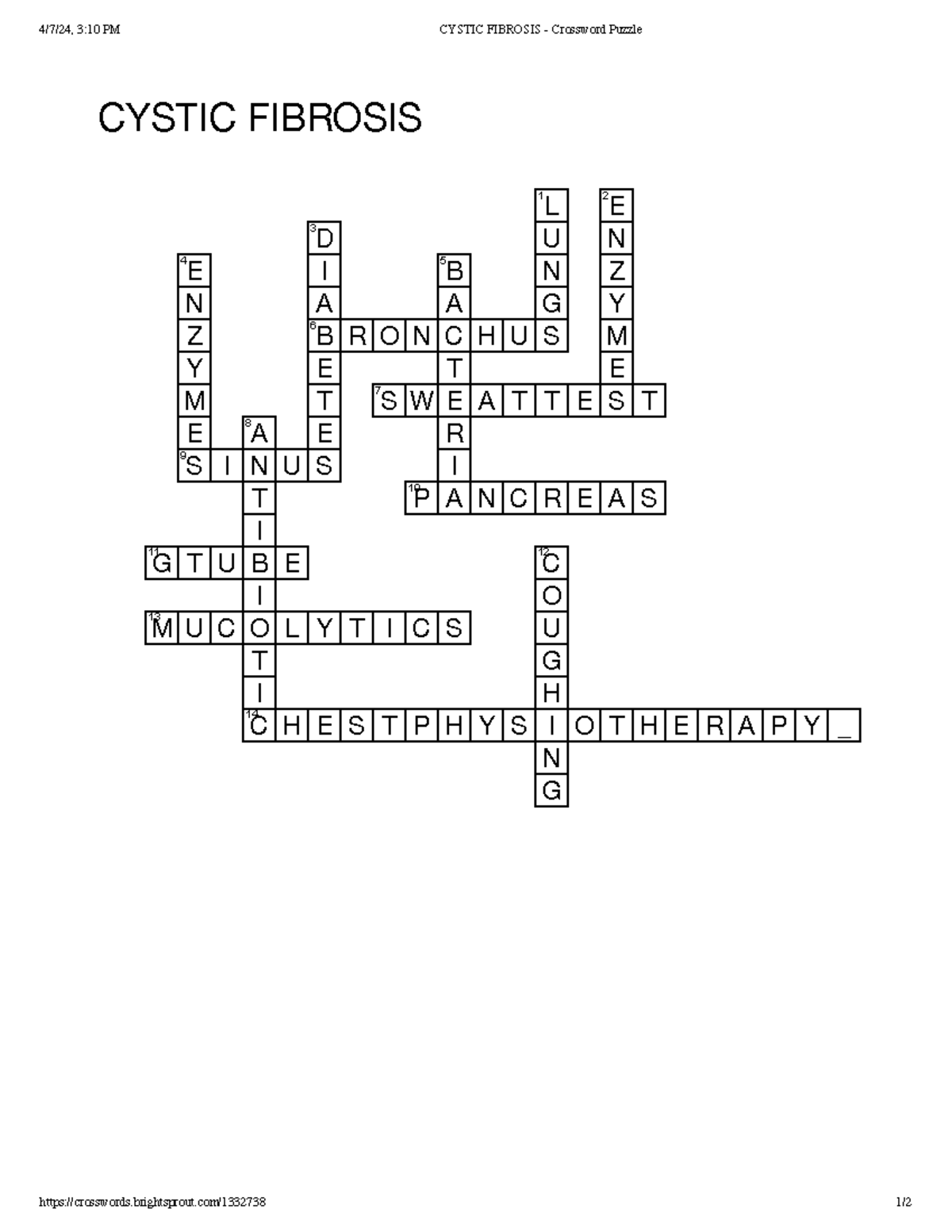 Cystic Fibrosis Crossword Puzzle Final Exam Review Studocu