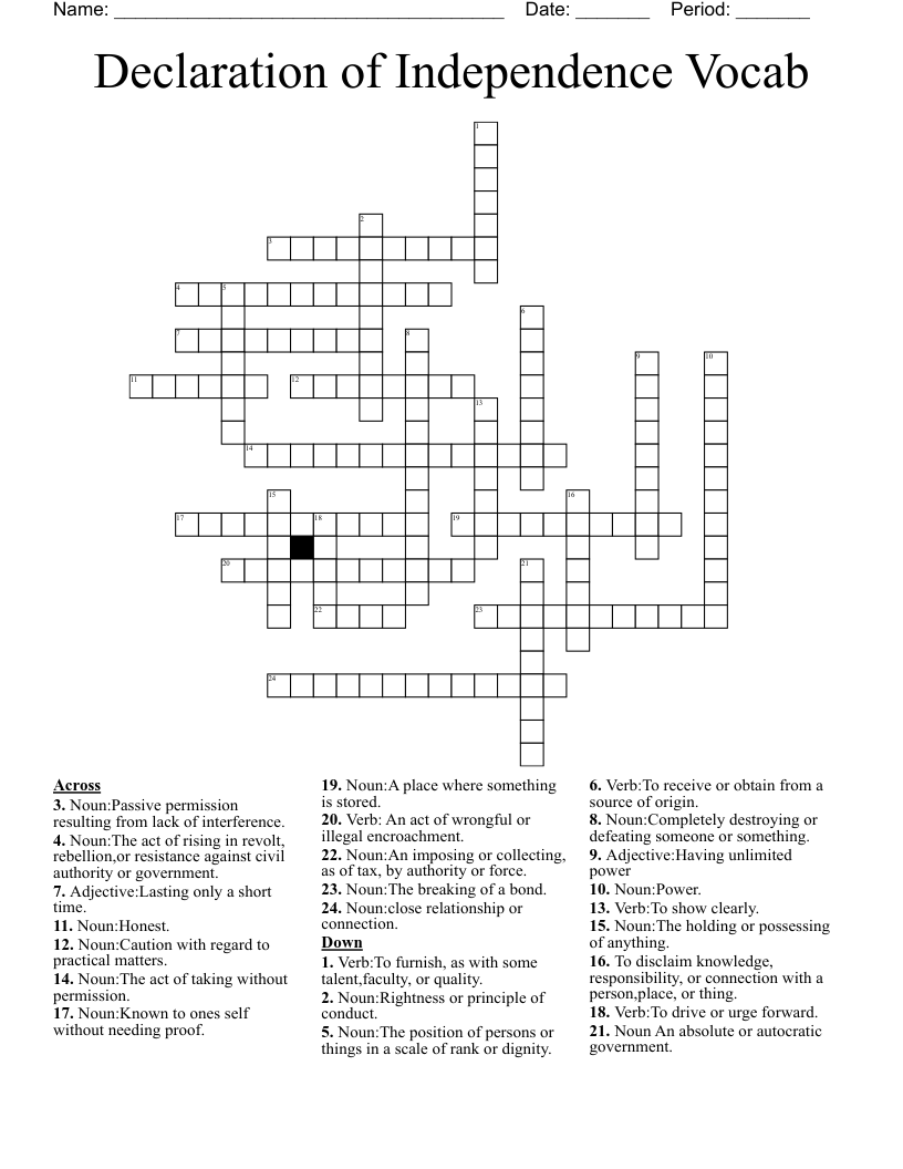 Declaration Of Independence Vocab Crossword WordMint