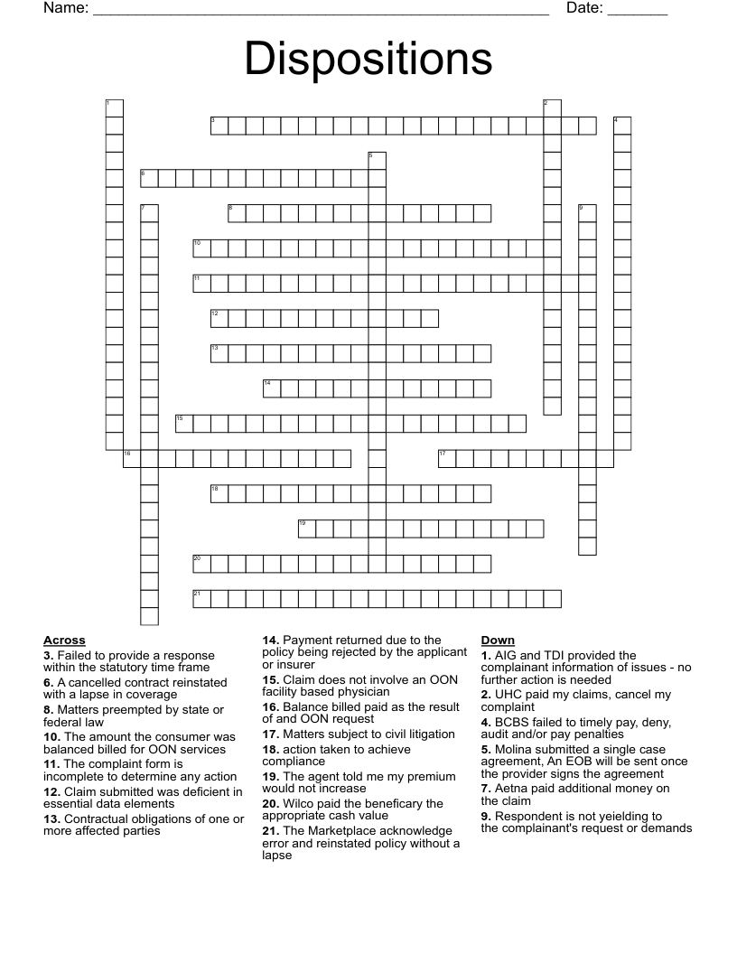 Dispositions Crossword WordMint