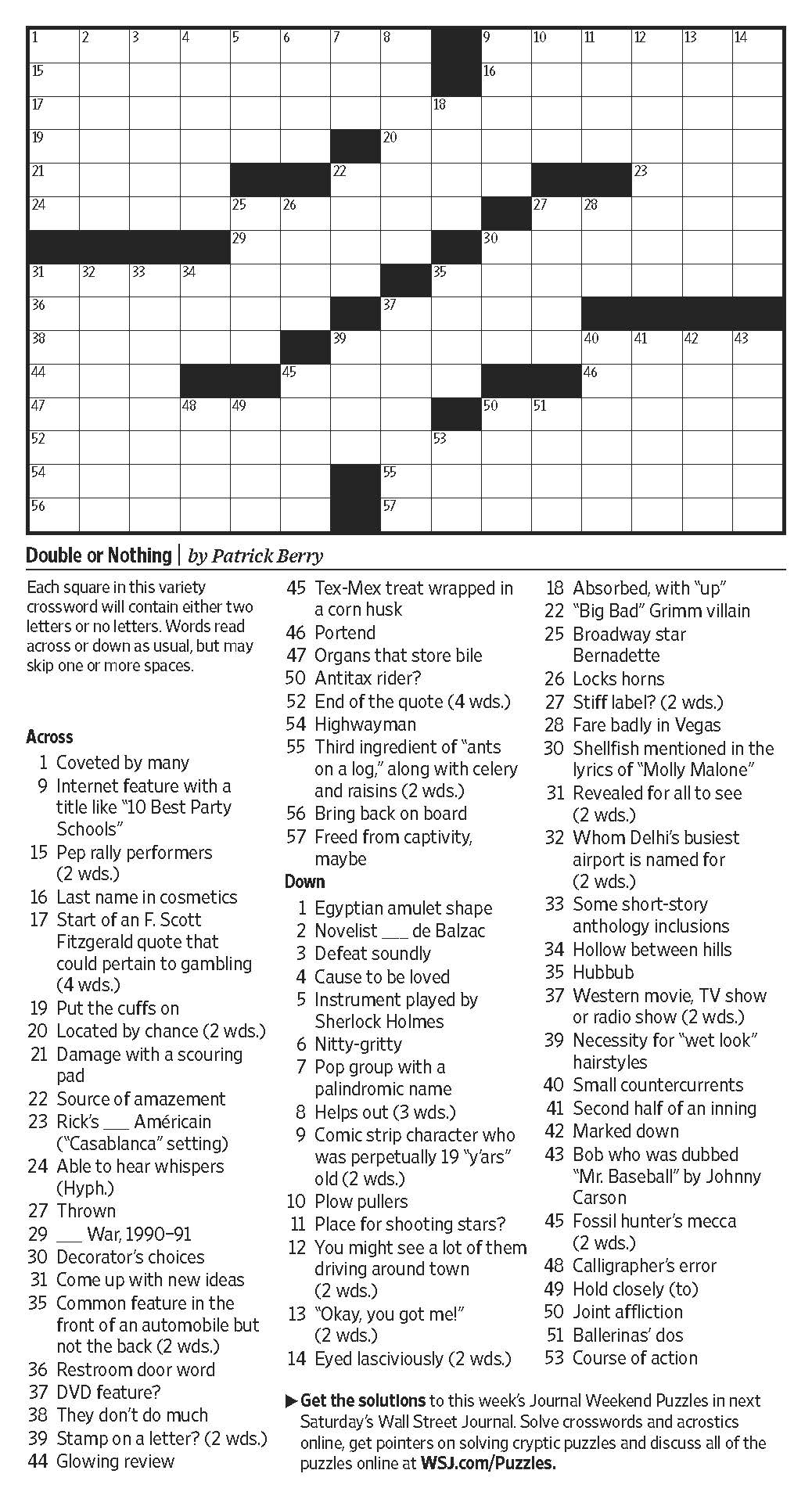 Double Or Nothing Saturday Puzzle WSJ Double Or Nothing Saturday Puzzle WSJ