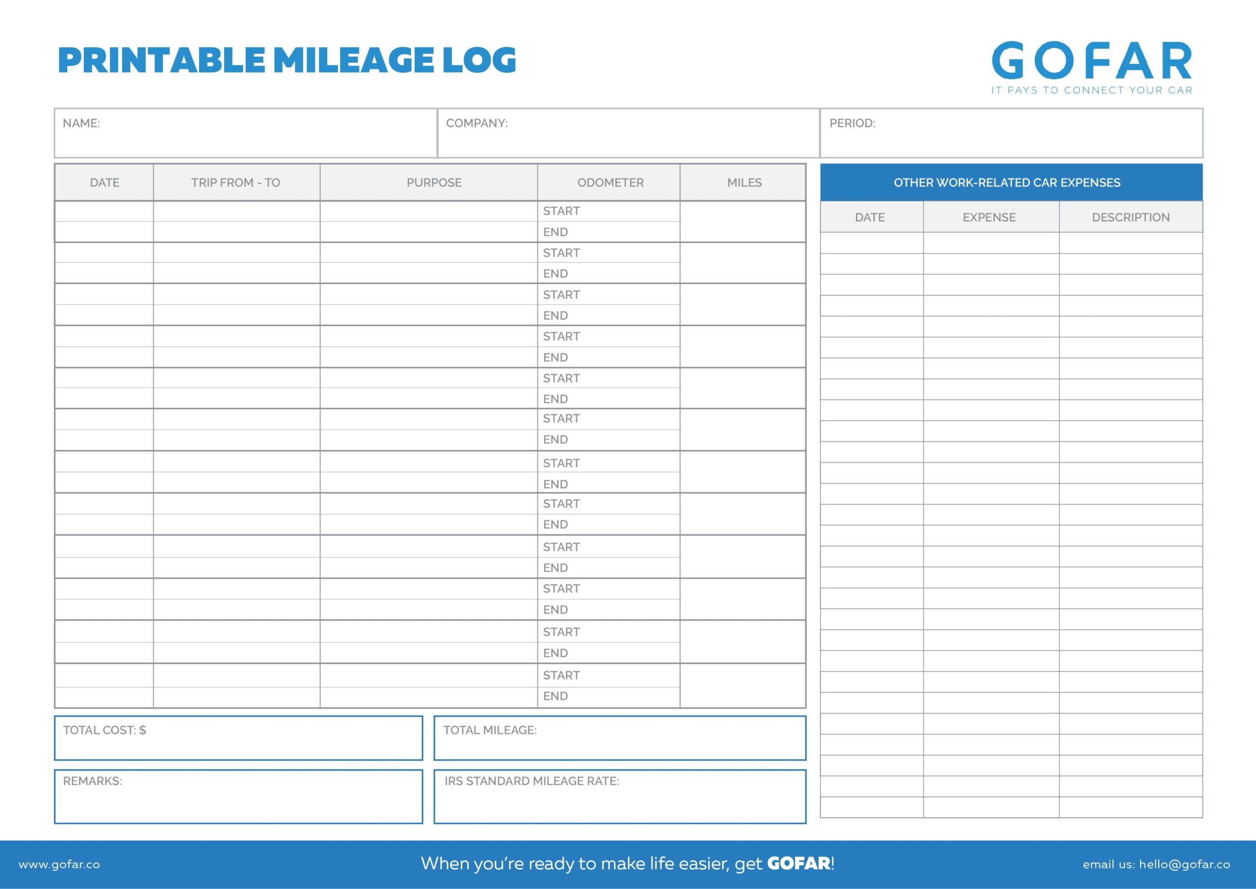 printable mileage log template for self employed
