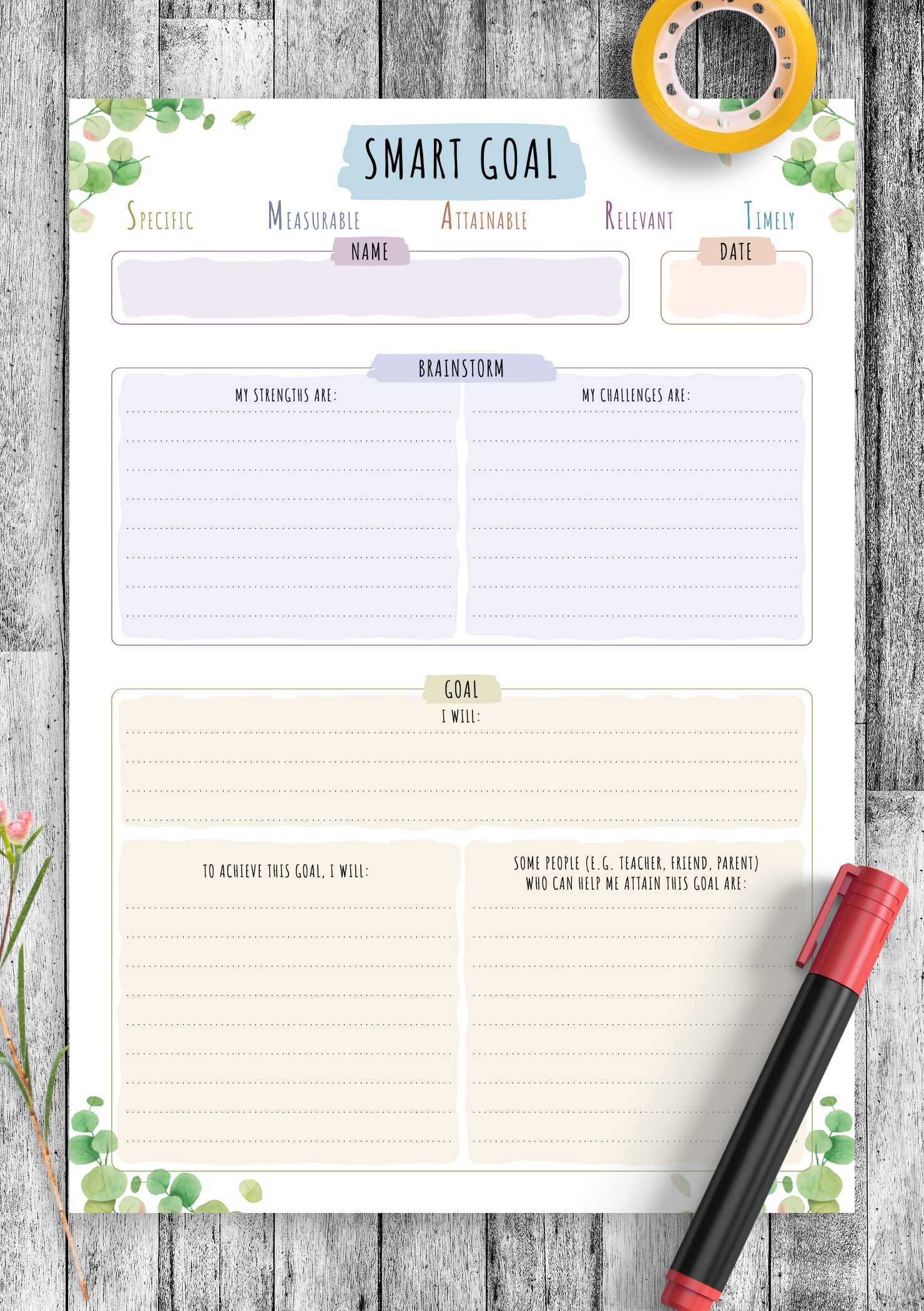 Download Printable SMART Goal Template Floral Style PDF