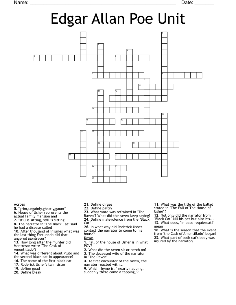 Edgar Allan Poe Unit Crossword WordMint