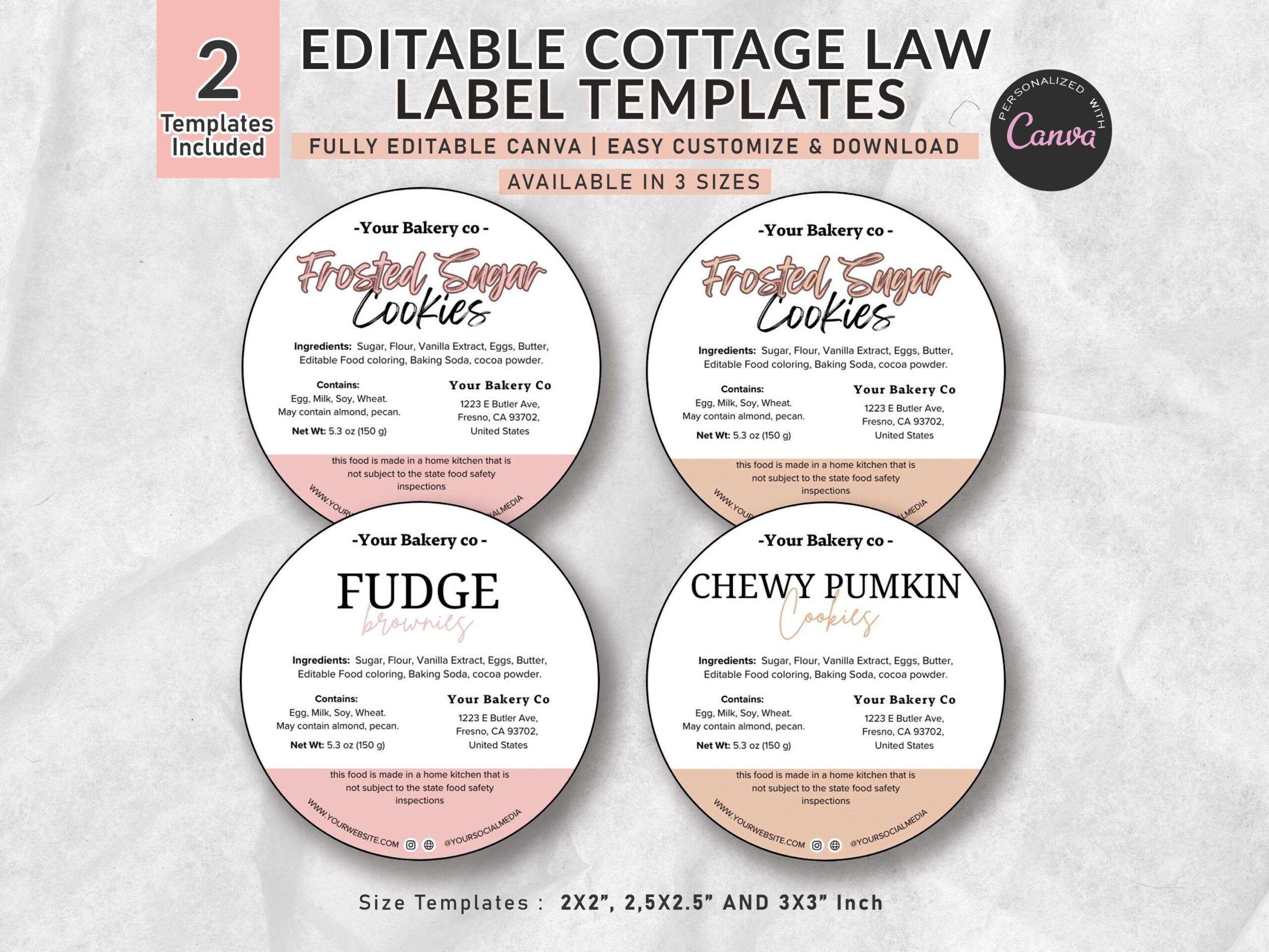 Editable Cottage Law Label Template Food Label Sticker Cottage Food Label Ingredients Label Template Canva Bakery Food Labels Allergens Etsy