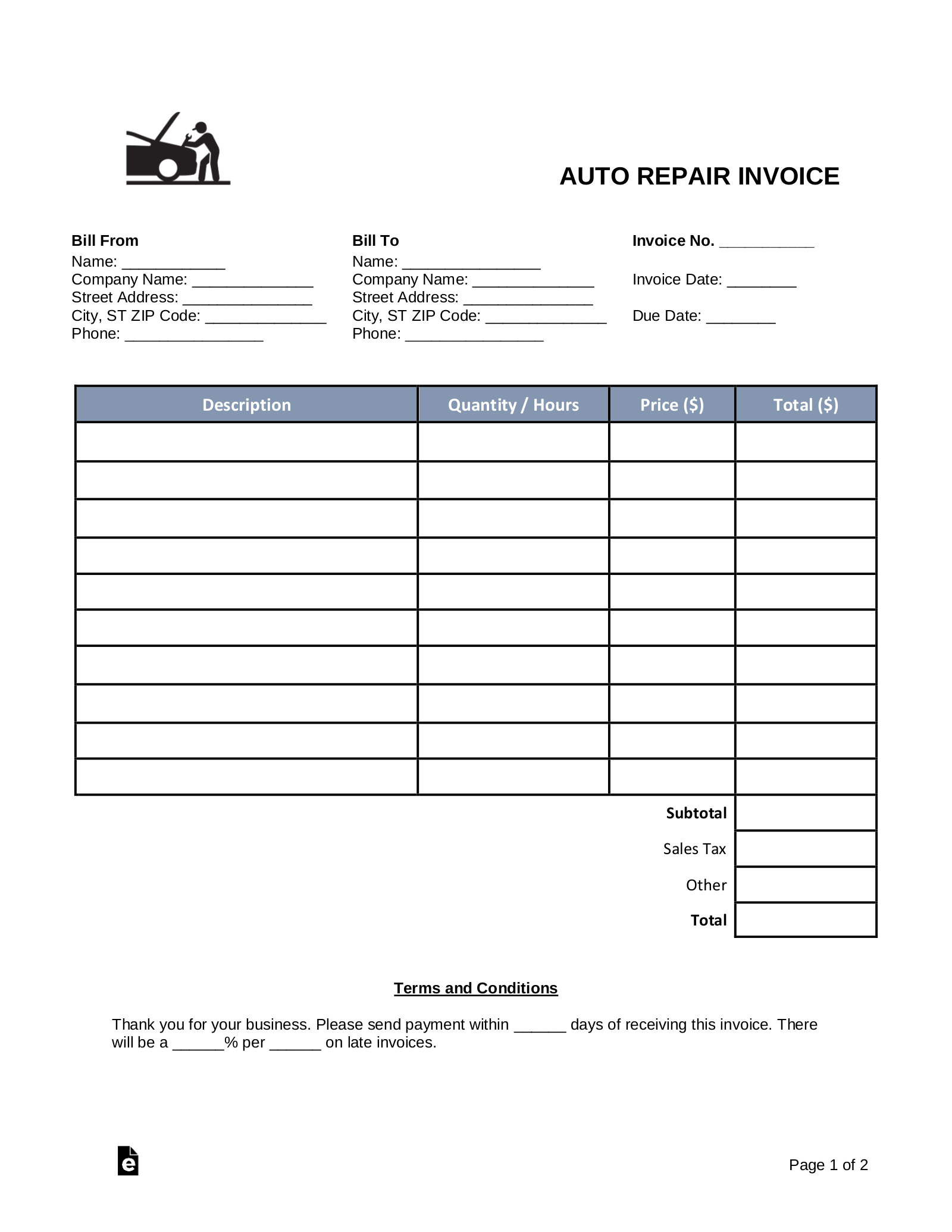 Free Auto Body Mechanic Invoice Template PDF Word EForms
