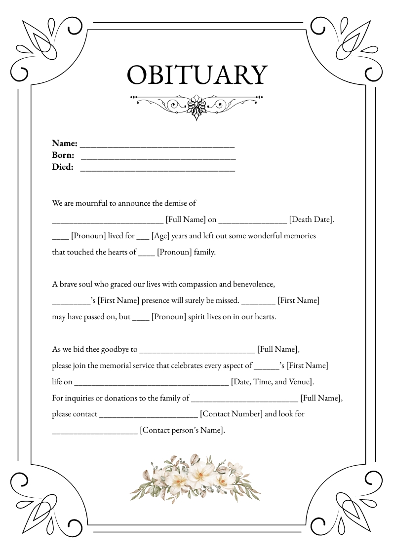 Free Fill In The Blank Obituary Template To Edit Online