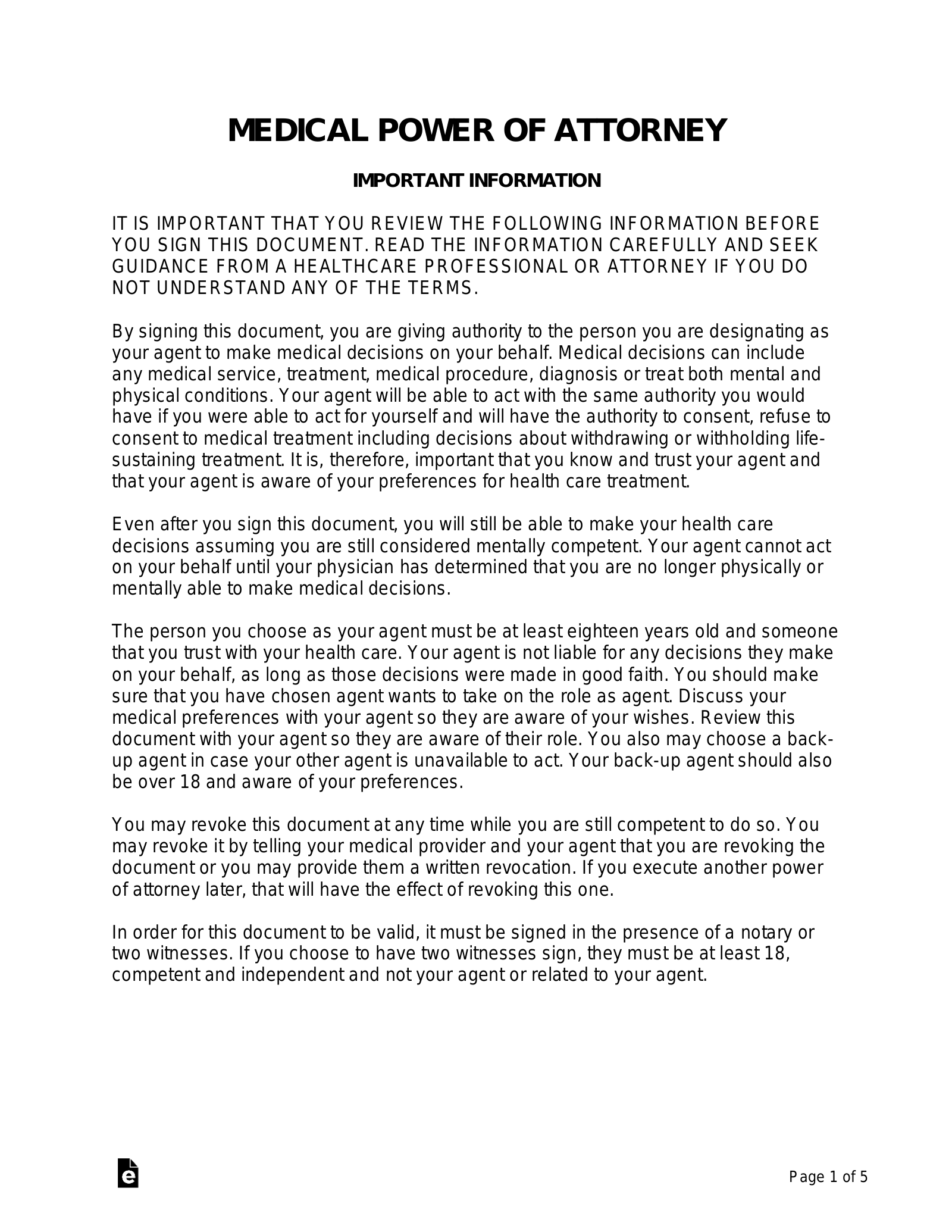 Free Medical Power Of Attorney MPOA Form PDF Word EForms