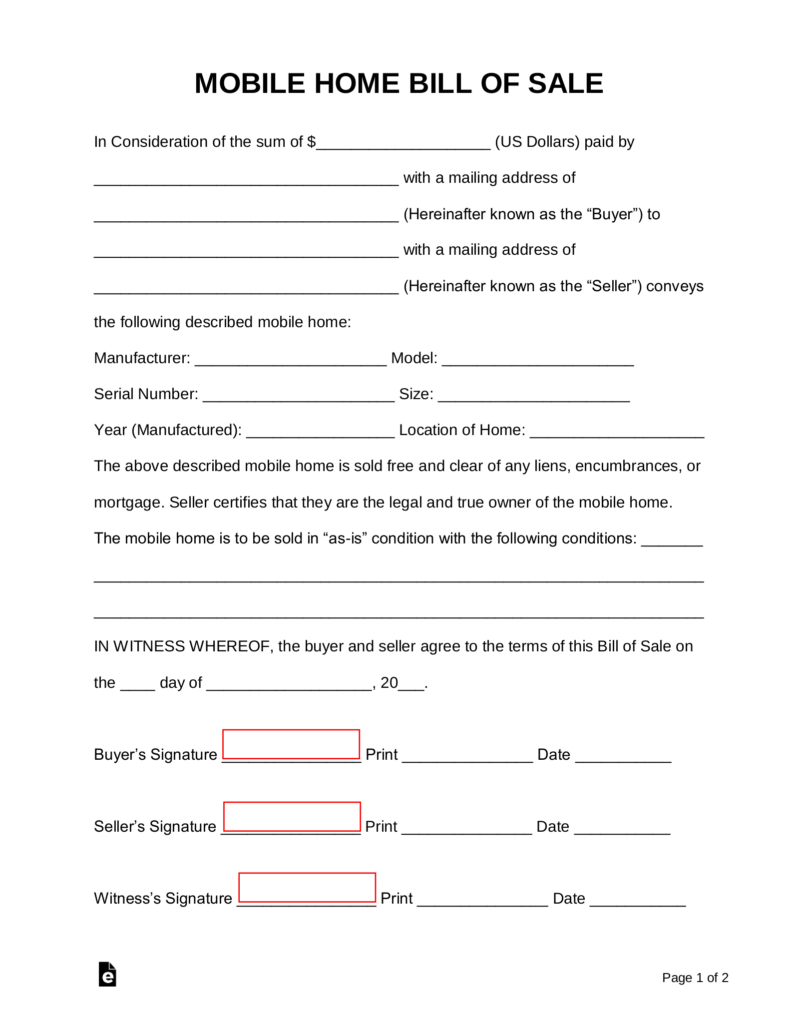 Free Mobile Manufactured Home Bill Of Sale Form PDF Word EForms