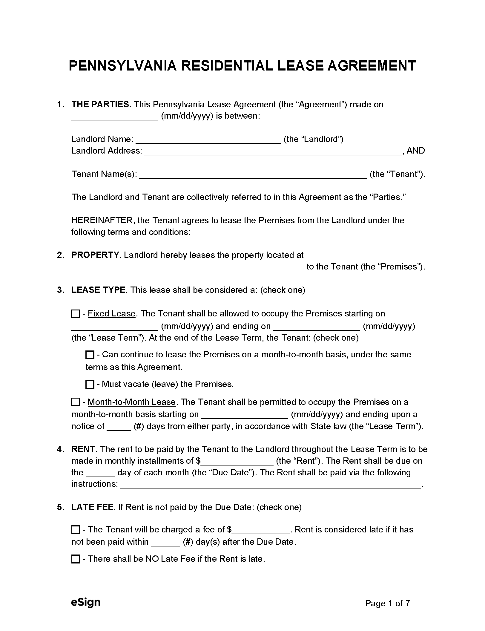 Free Pennsylvania Rental Lease Agreement Templates 6 PDF Word