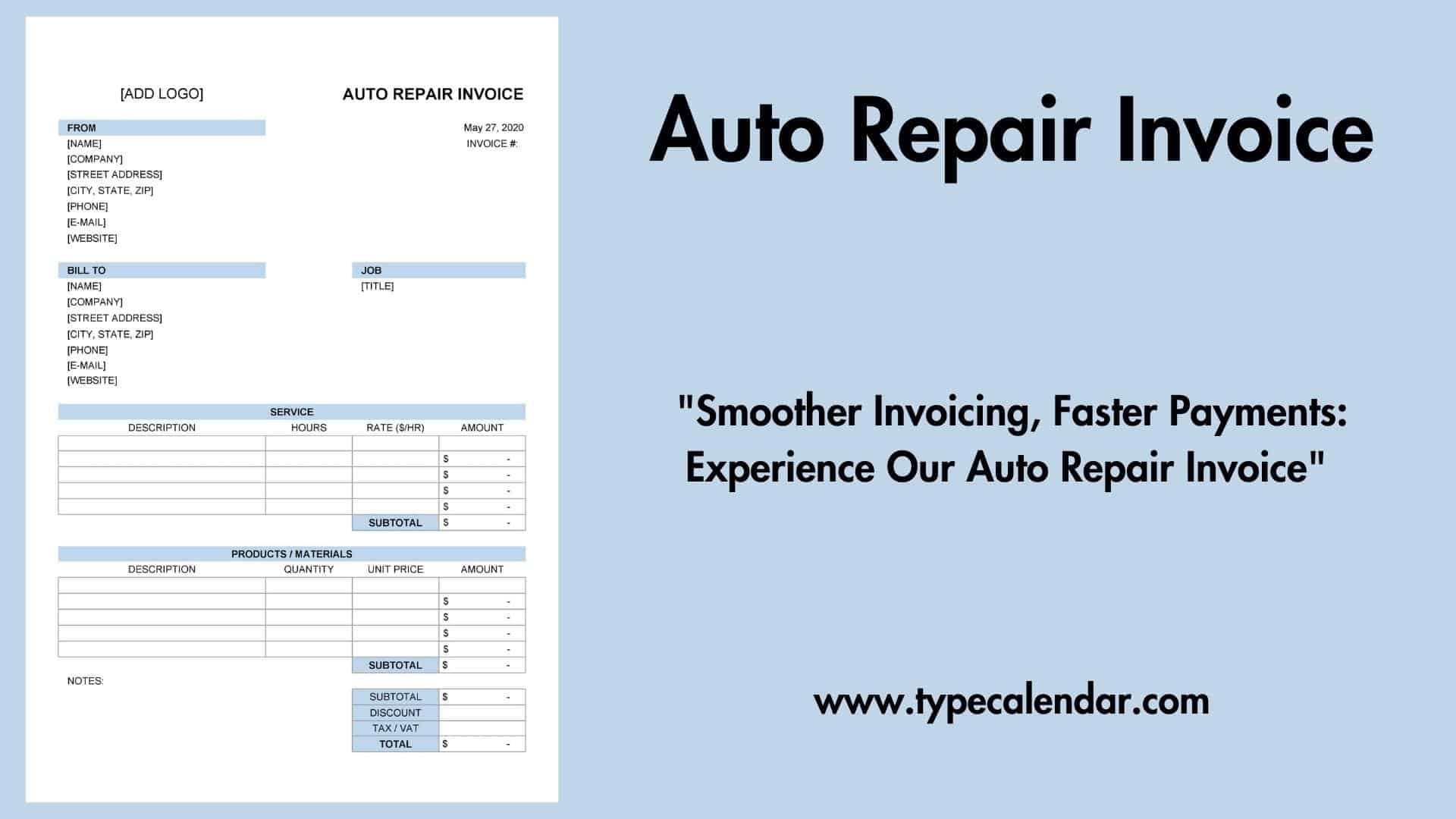 Free Printable Auto Repair Invoice Templates PDF Word Excel 