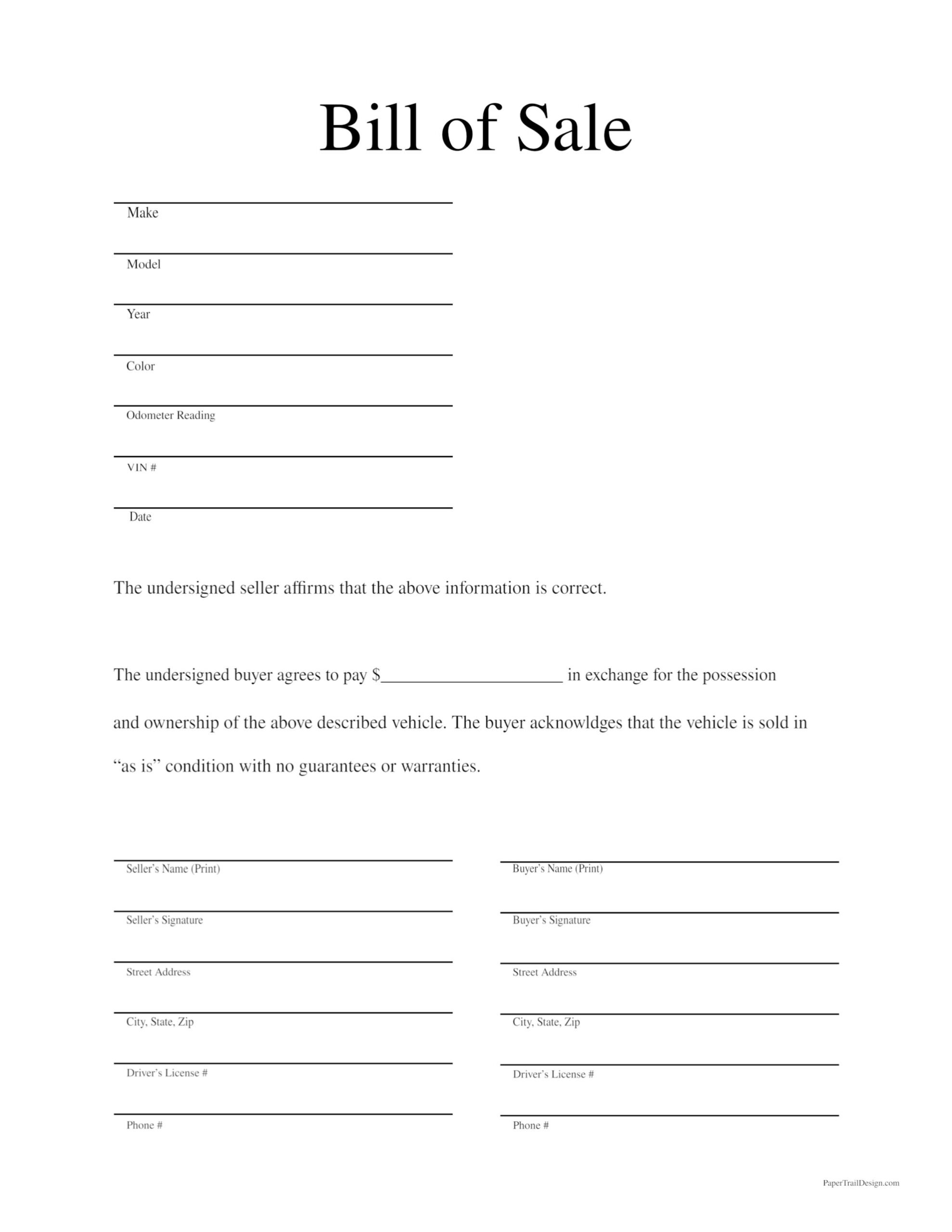 printable bill of sale template free