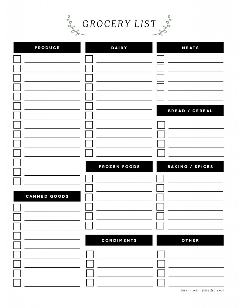 Free Printable Grocery List