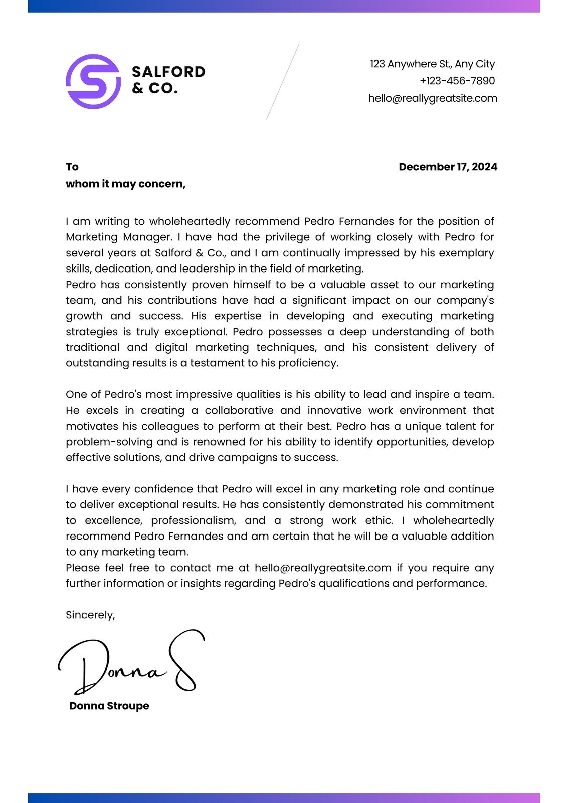 printable letter of recommendation template