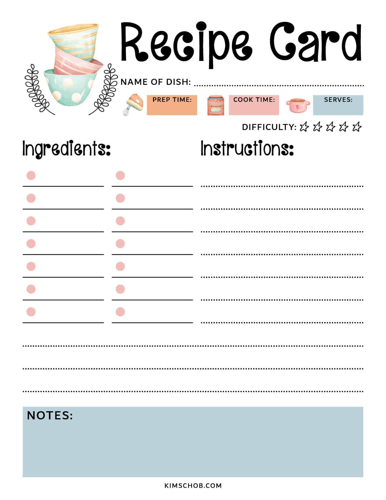 printable recipe card template