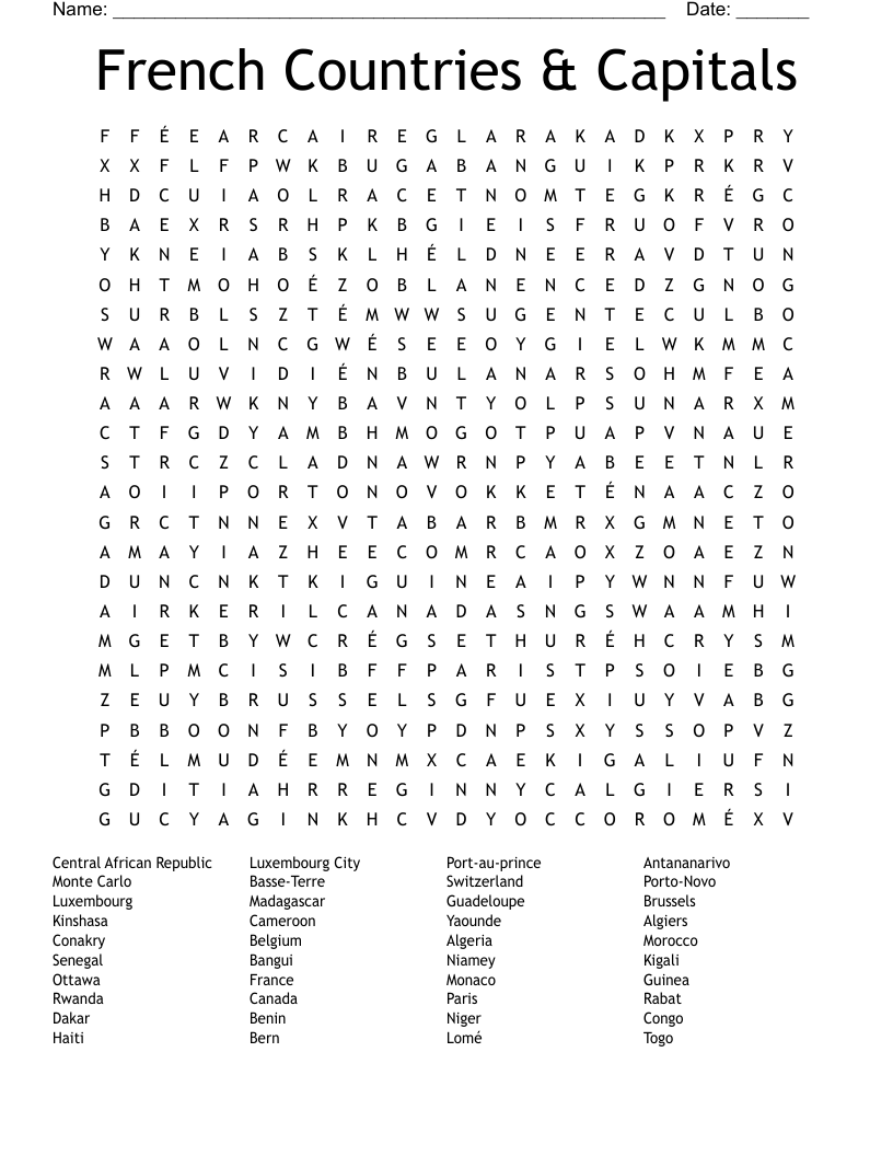 French Countries Capitals Word Search WordMint