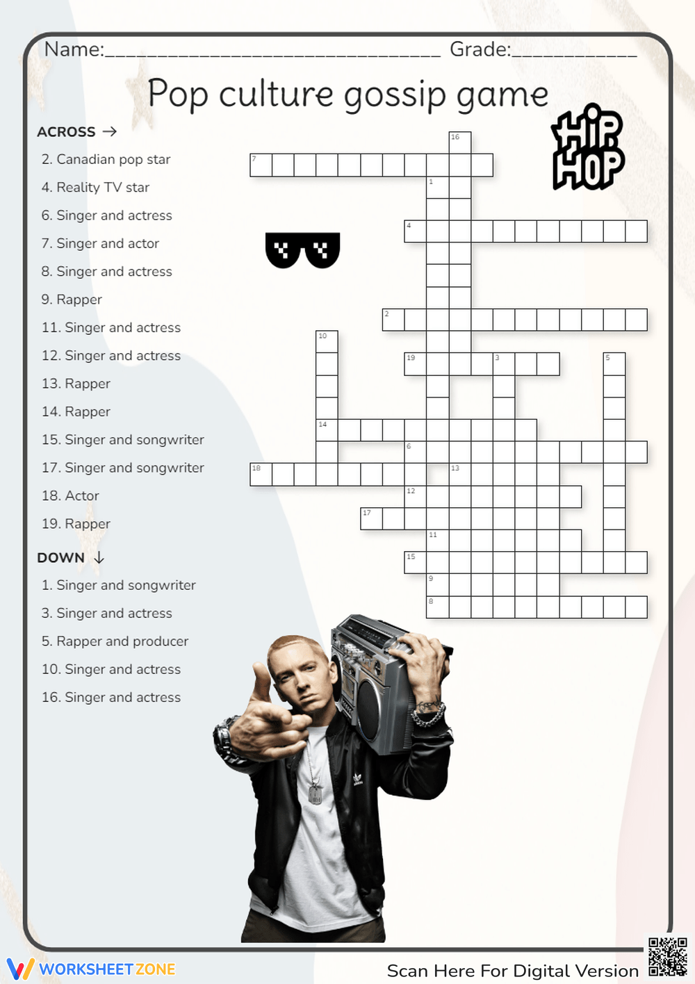 Grade 1 Pop Culture Crossword Puzzles Worksheets Printable