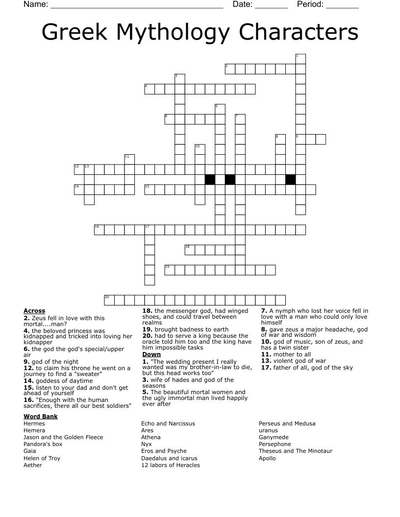 Greek Mythology Characters Crossword WordMint