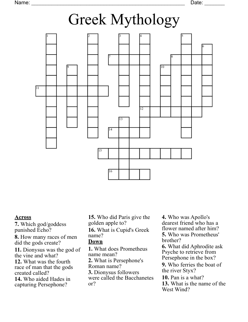 Greek Mythology Crossword WordMint
