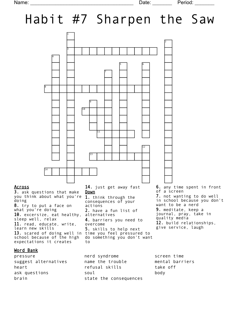 Habit 7 Sharpen The Saw Crossword WordMint