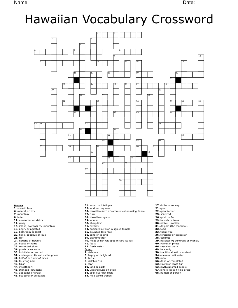 Hawaiian Vocabulary Crossword WordMint