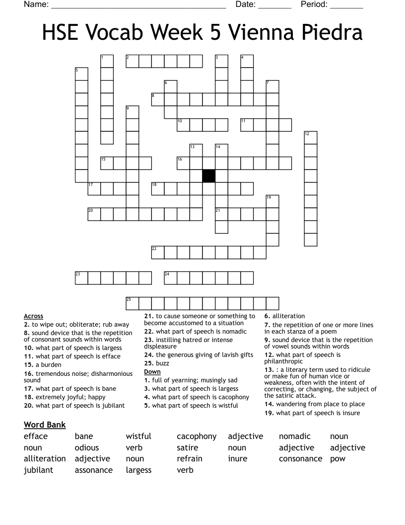 HSE Vocab Week 5 Vienna Piedra Crossword WordMint