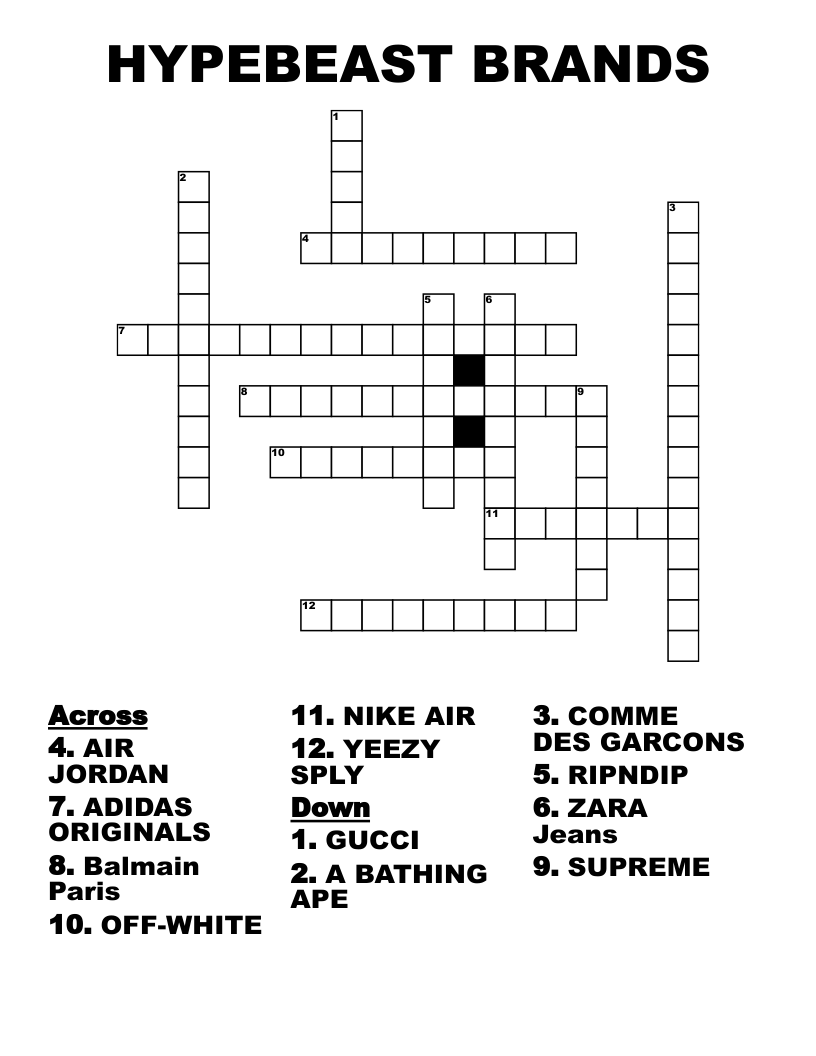 HYPEBEAST BRANDS Crossword WordMint