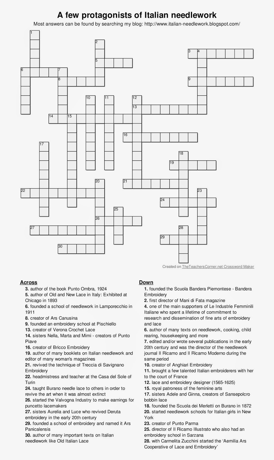 Italian Needlework Protagonists Of Italian Needlework Crossword Puzzle