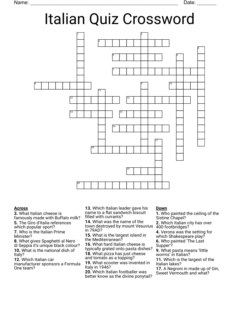 Italian Quiz Crossword WordMint Italian Quiz Crossword WordMint