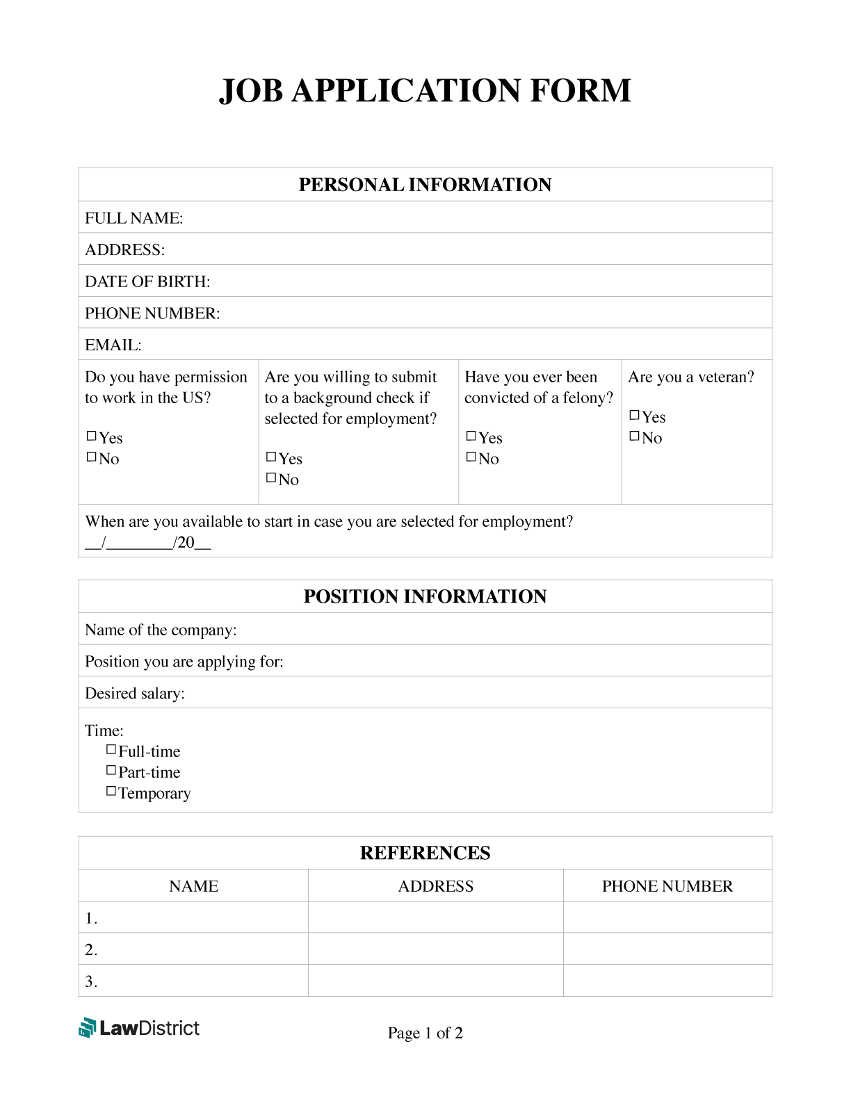 Job Application Form Free Simple PDF Template Lawdistrict