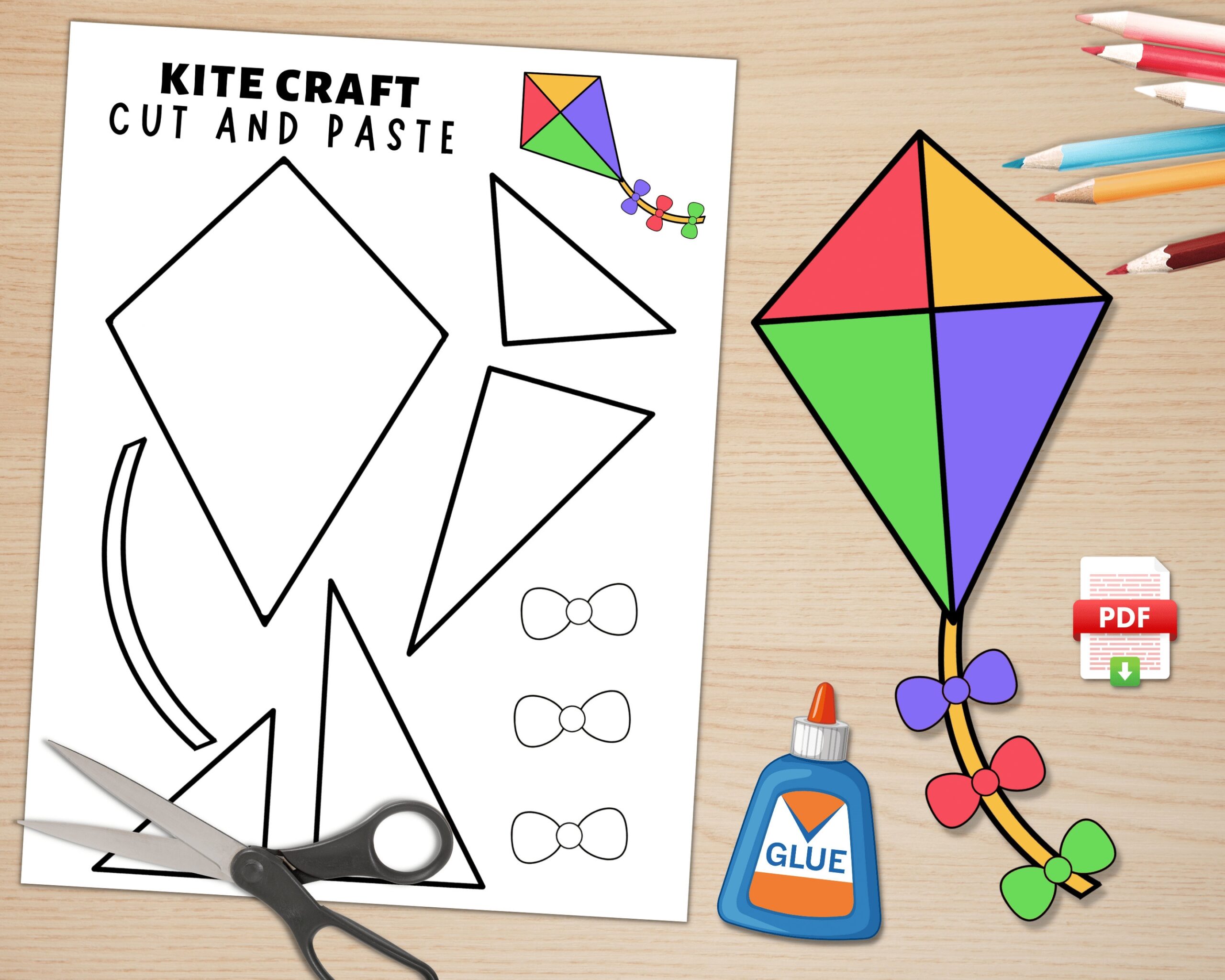 Kite Craft For Kids Spring Activities Build A Kite Cut And Paste Kite Paper Craft Printable Kite Craft Template Digital Download Etsy